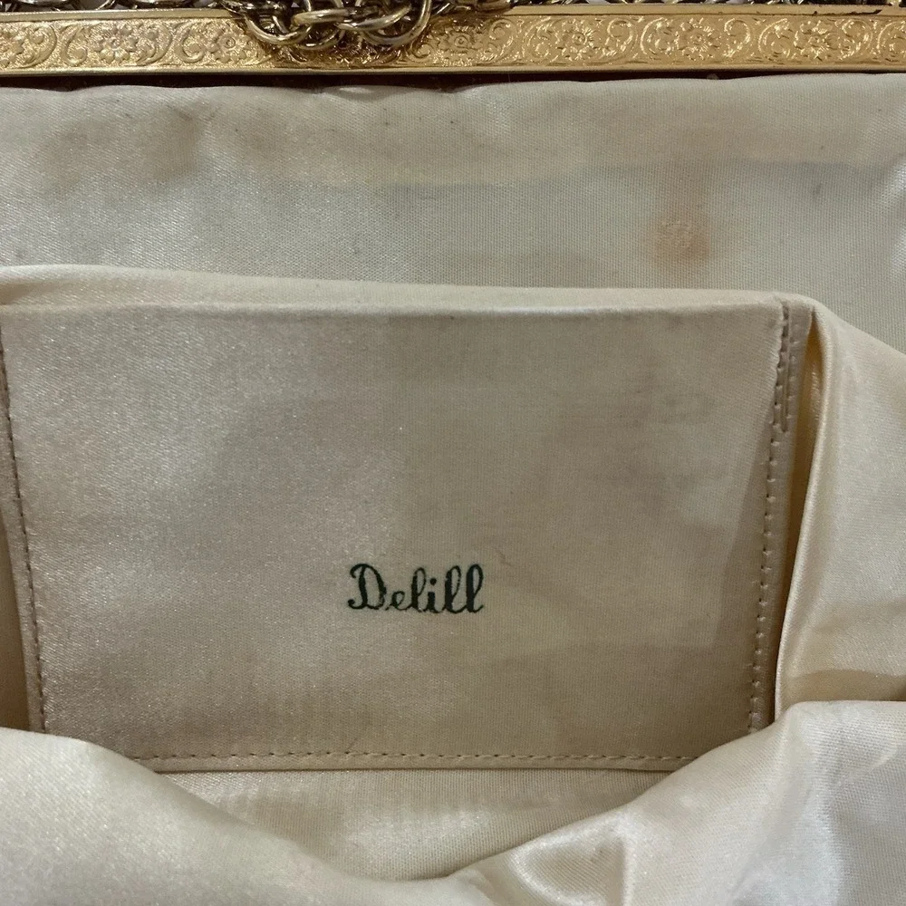 Vintage Delill Tapestry Frame Kisslock Clutch Bag Chain Strap French Rococo 50s